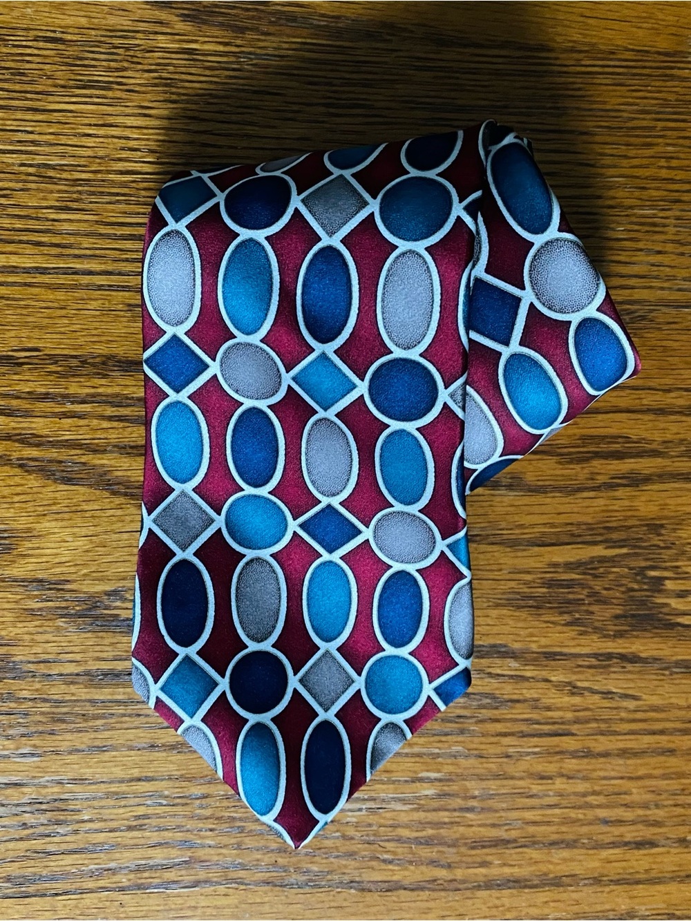 Givenchy Monsieur Maroon Silk Tie with Blue and Gray Geometric Pattern